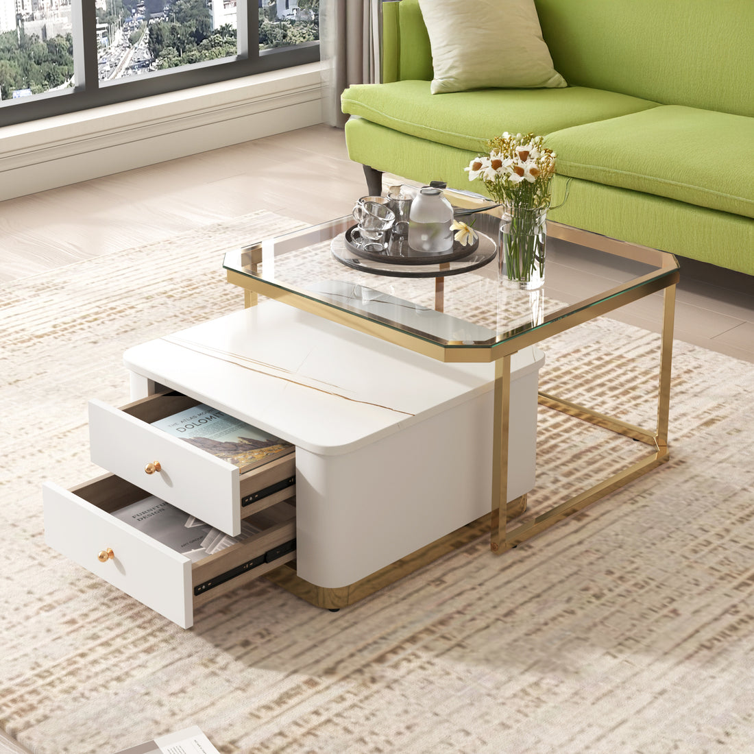 Modern 2 Pieces White  Square Nesting  Coffee Table with Drawers & Electroplated gold legs in 27.6''