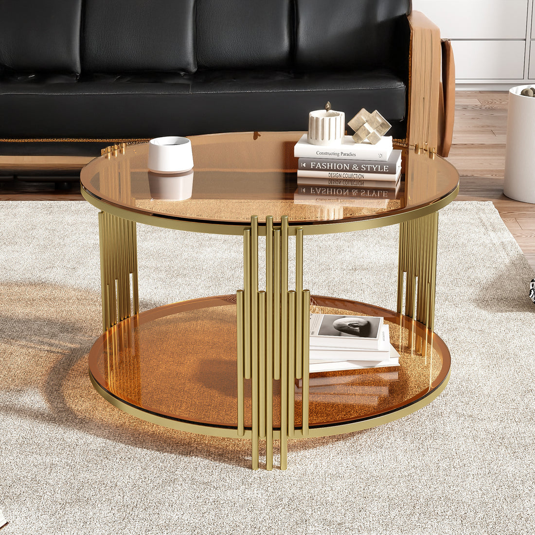 Modern Brown Glass Coffee Table, Asymmetrical Metal, Circular Metal Drum Base, Gold Finish & Lower Shelf