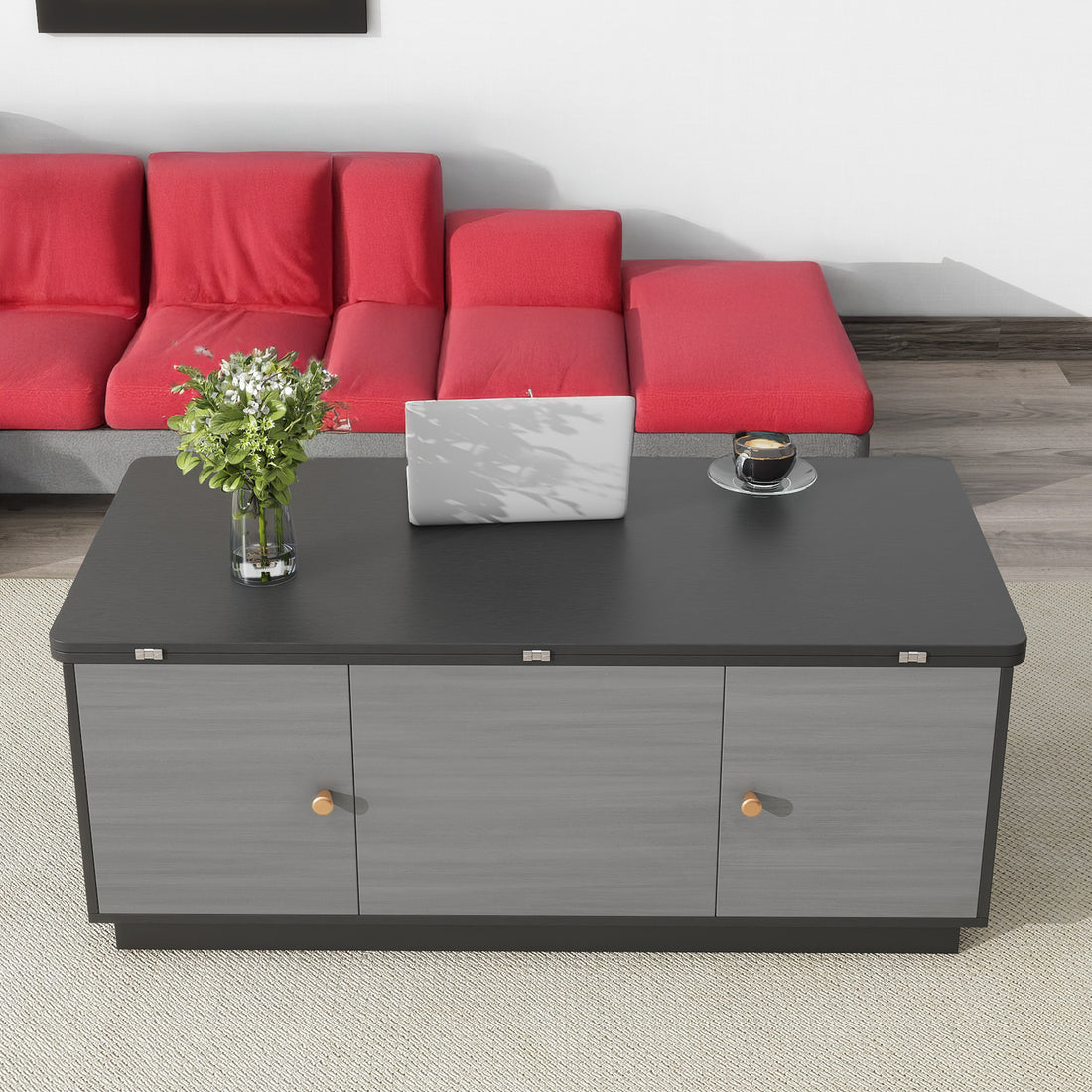 Modern Gray Multi-functional Rectangle Lift-top Coffee Table Extendable with Storage