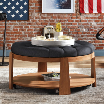 Modern Large Round Ottoman Coffee Table 2-Tier Oversized Button Tufted Ottoman with Wood Shelf Storage Upholstered Coffee Table for Living Room Footrest Ottoman with wheel, waterproof Linen