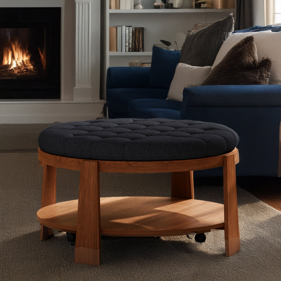 Modern Large Round Ottoman Coffee Table 2-Tier Oversized Button Tufted Ottoman with Wood Shelf Storage Upholstered Coffee Table for Living Room Footrest Ottoman with wheel, waterproof Linen
