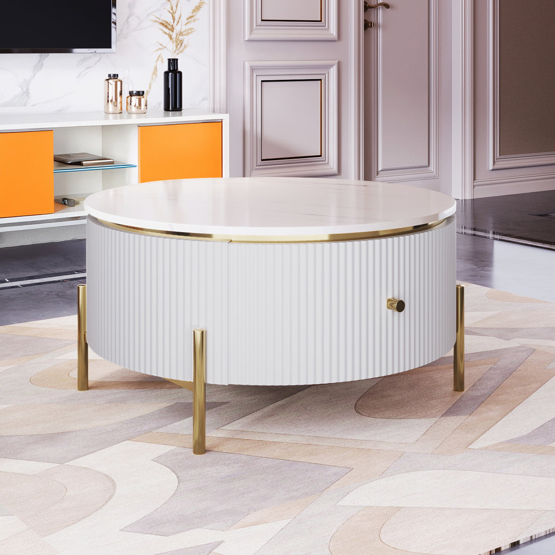 Modern Round Coffee Table with 2 large Drawers Storage Accent Table(31.5'')