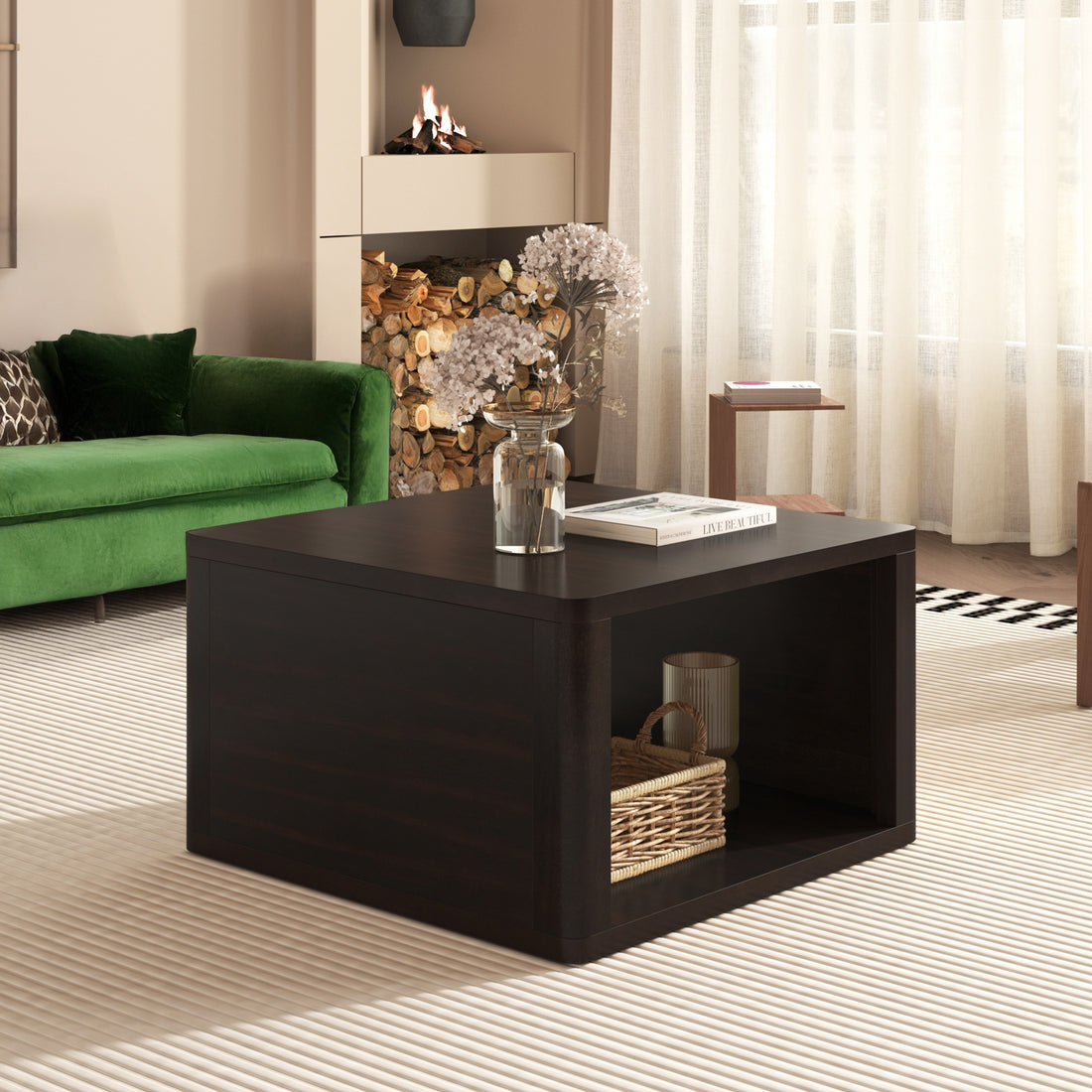 Square Coffee Table for Living Room in Dark Brown Farmhouse Coffee Table with Storage,2-Tier  Center Table with Half Open Storage Compartment in 30.8'